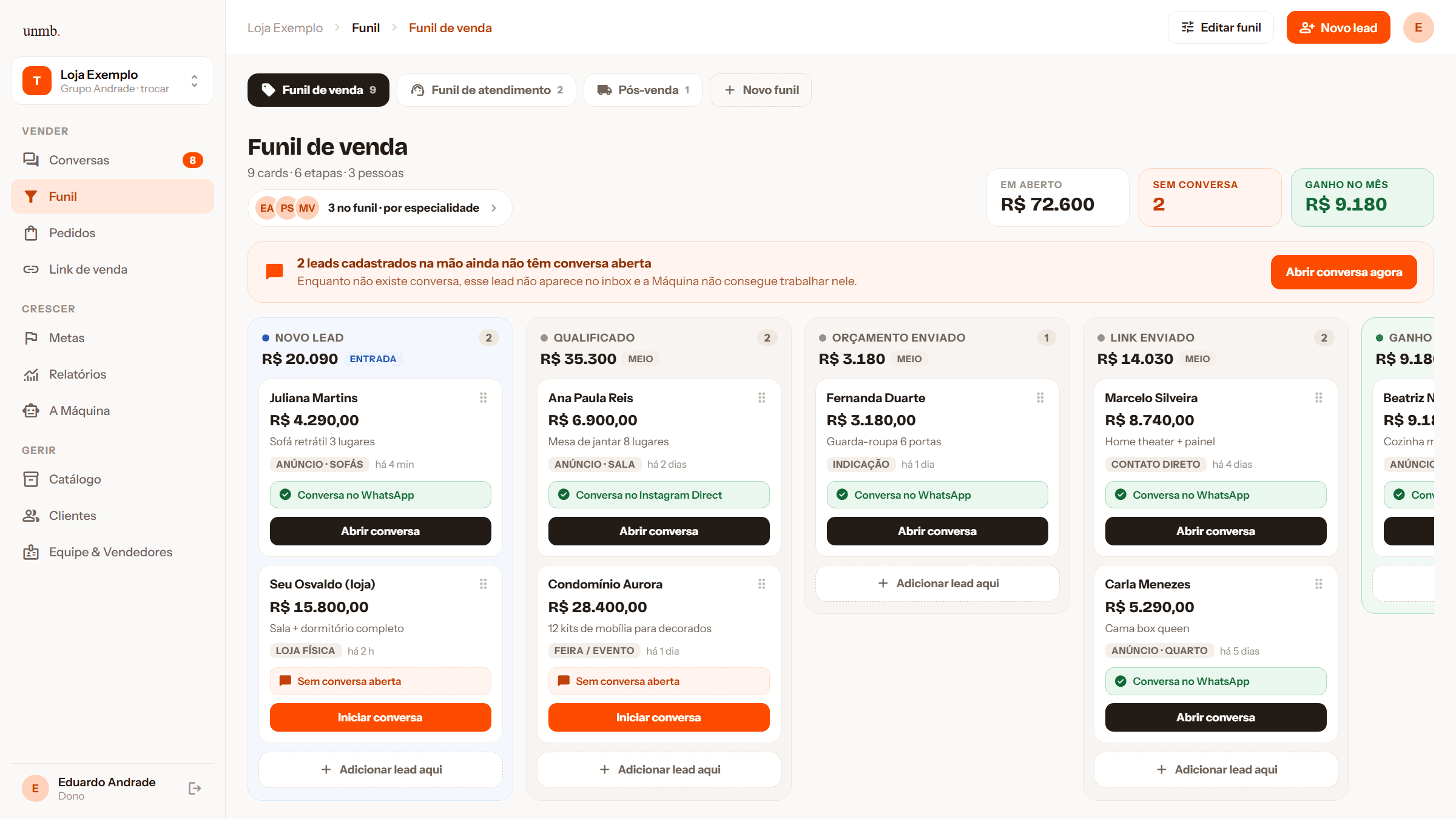 O orçamento saiu na conversa e a negociação mudou de etapa sozinha.
