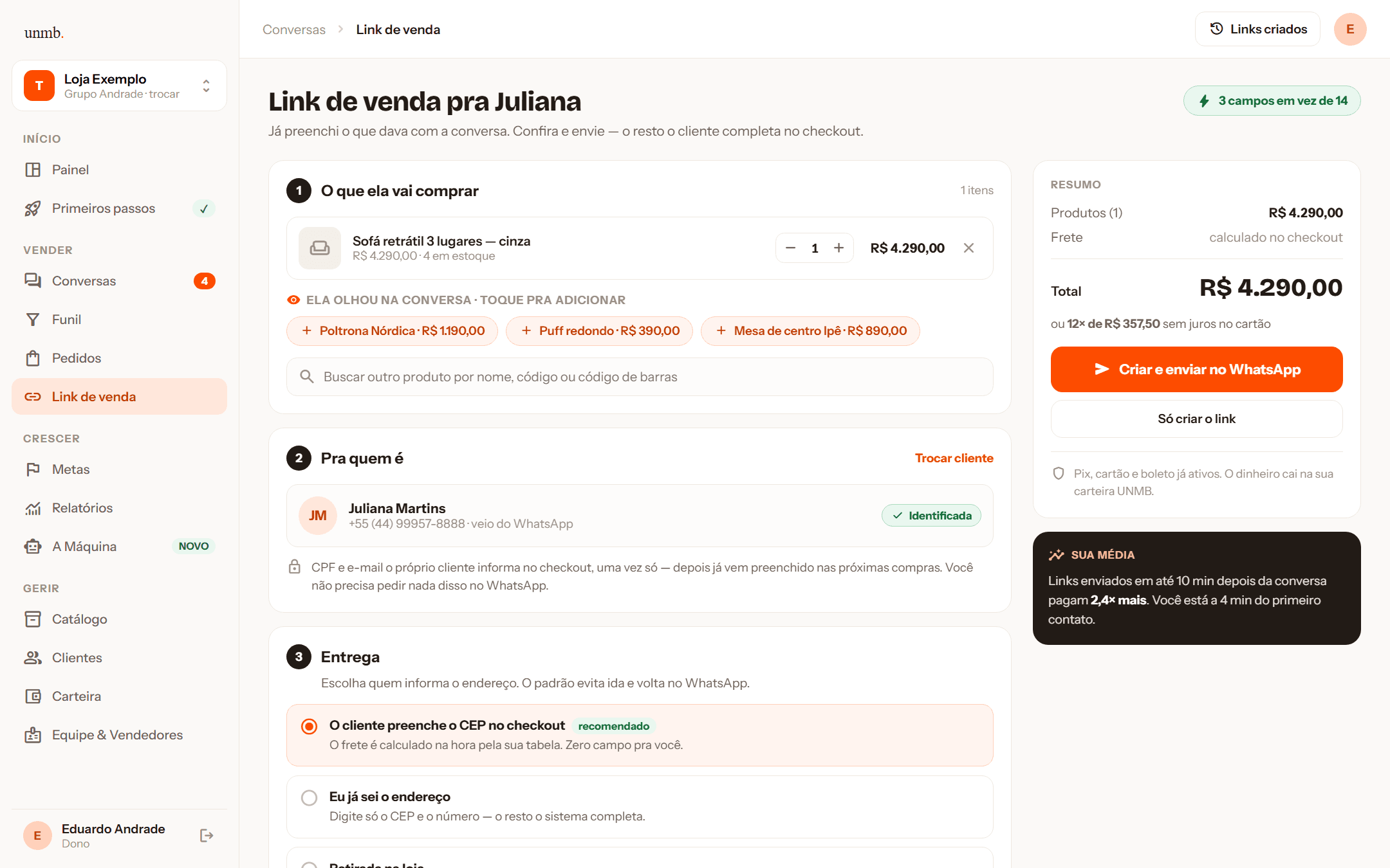 Link de venda gerado dentro da conversa e aviso de que o cliente abriu.